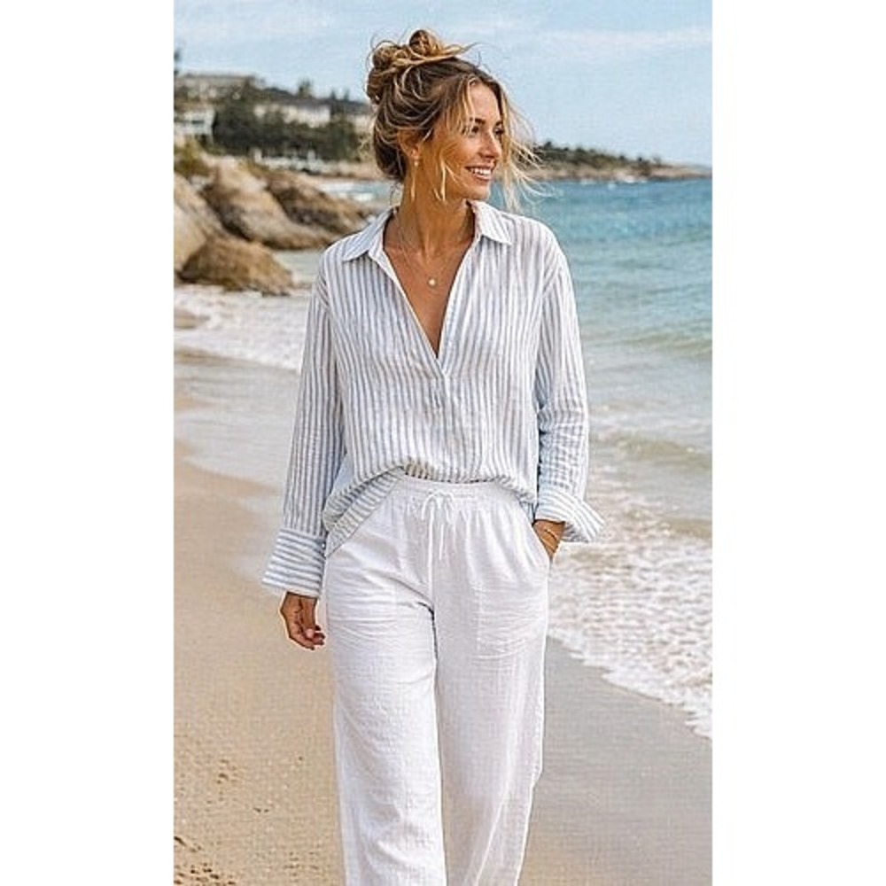 100% Linen White/Blue Striped Collared Blouse, M, Martha Stewart Collection